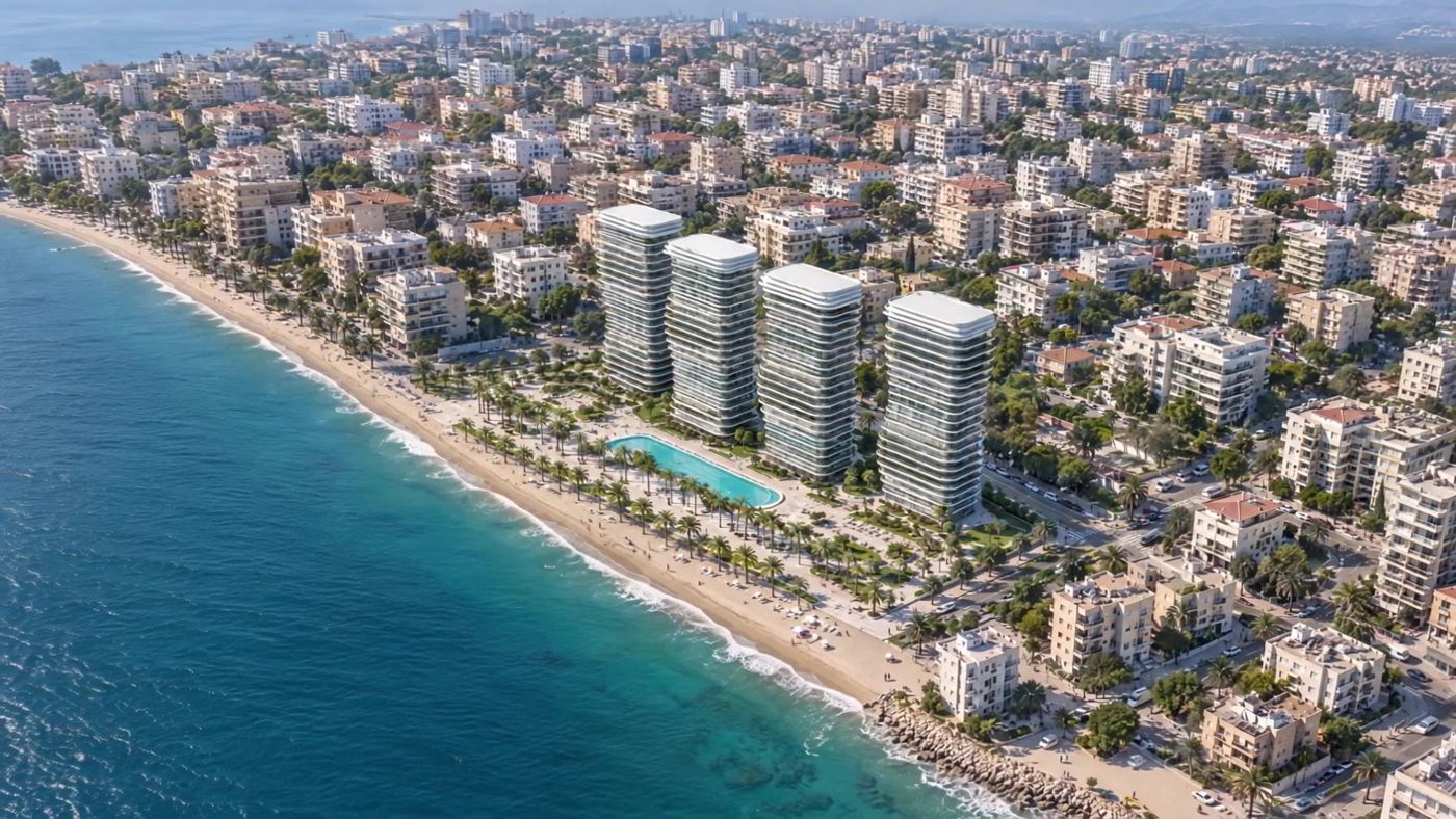 הדמיה של ארבעה מגדלי מגורים על קו החוף